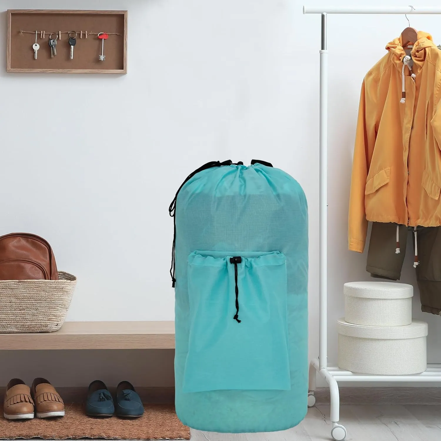 Laundry Bag with Shoulder Straps and Detergent Holder, Durable Laundry Bag Backpack for College Dorm/Travel/Camp (LIGHT BLUE)