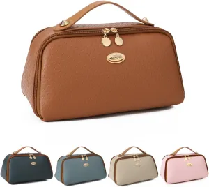 LAVTUG Travel Makeup Bag Large Capacity Cosmetic Bag for Women Waterproof Leather Make Up Organizer with Compartments & Handle Designer Lay Flat Toiletry Bags with Zipper