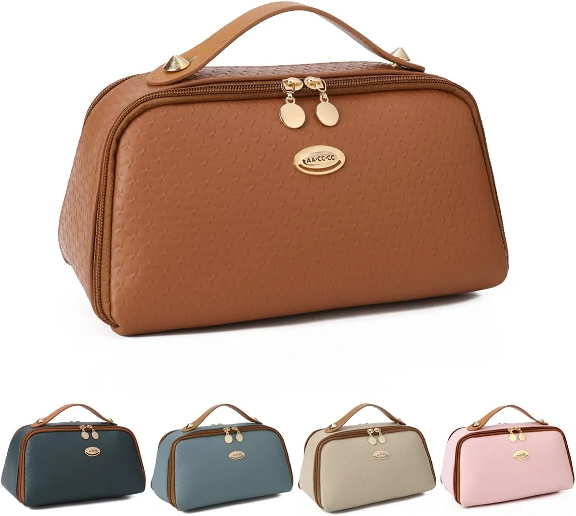 LAVTUG Travel Makeup Bag Large Capacity Cosmetic Bag for Women Waterproof Leather Make Up Organizer with Compartments & Handle Designer Lay Flat Toiletry Bags with Zipper