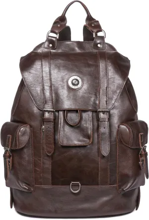 Leather Backpack for 15.6" Multi Pockets Leather Laptop Bag Casual Daypack Fashion Leather Travel Backpack (Dark Brown)