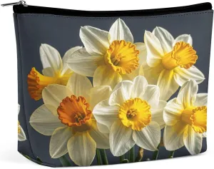 Leather Makeup Bag Waterproof Cosmetic Bag for Women Bouquet of Daffodils Open Flat Toiletry Bags Portable Pouch With Zipper Make Up Organizer Case for Travel Accessories