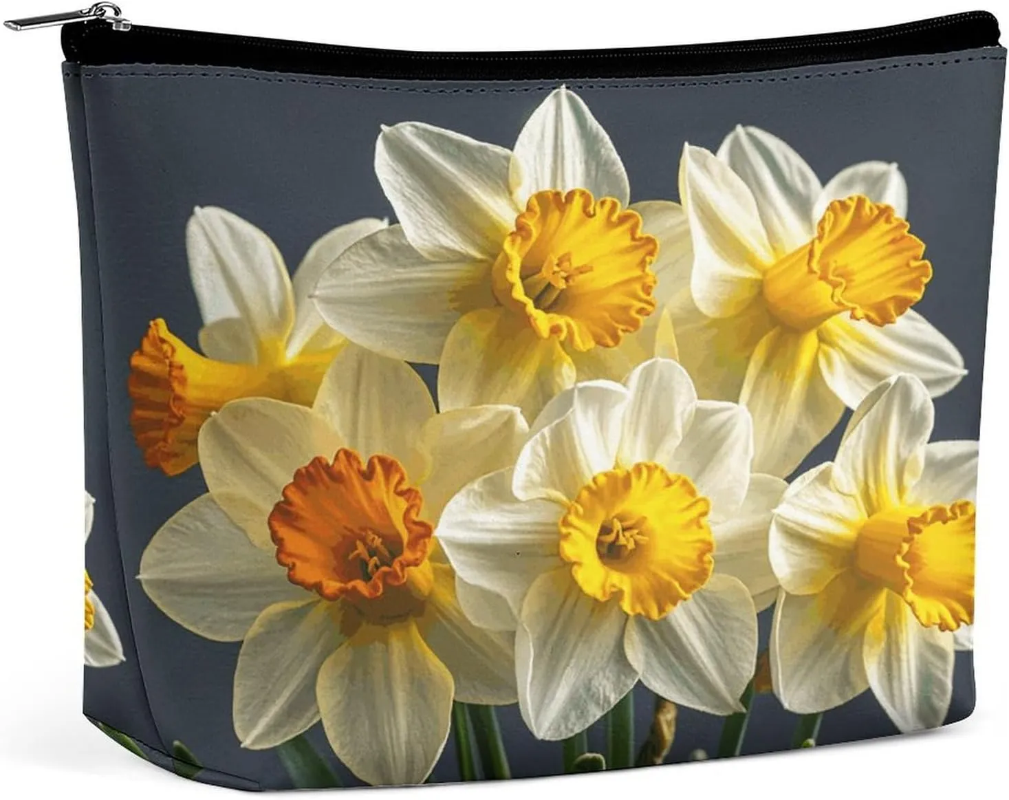 Leather Makeup Bag Waterproof Cosmetic Bag for Women Bouquet of Daffodils Open Flat Toiletry Bags Portable Pouch With Zipper Make Up Organizer Case for Travel Accessories