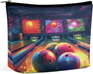 Leather Makeup Bag Waterproof Cosmetic Bag for Women Bowling Balls Open Flat Toiletry Bags Portable Pouch With Zipper Make Up Organizer Case for Travel Accessories