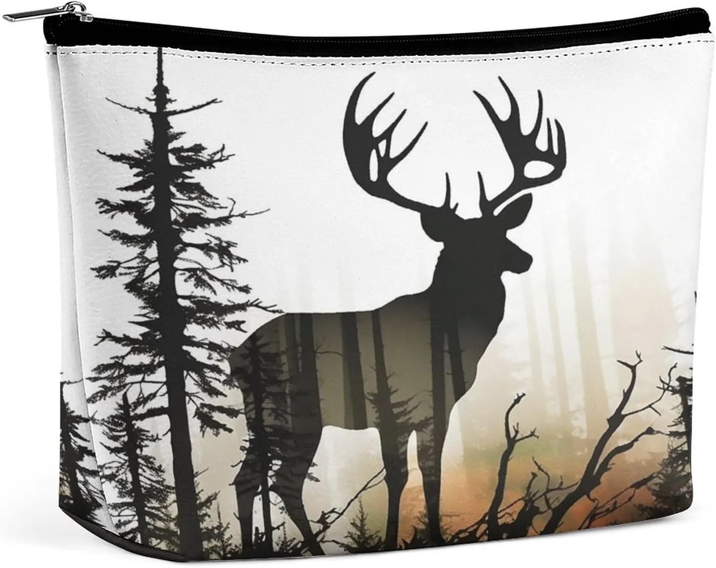 Leather Makeup Bag Waterproof Cosmetic Bag for Women Deer Silhouette Open Flat Toiletry Bags Portable Pouch With Zipper Make Up Organizer Case for Travel Accessories