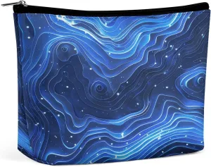 Leather Makeup Bag Waterproof Cosmetic Bag for Women Electric Blue Pattern Open Flat Toiletry Bags Portable Pouch With Zipper Make Up Organizer Case for Travel Accessories