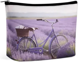 Leather Makeup Bag Waterproof Cosmetic Bag for Women Lavender Field Bike Open Flat Toiletry Bags Portable Pouch With Zipper Make Up Organizer Case for Travel Accessories