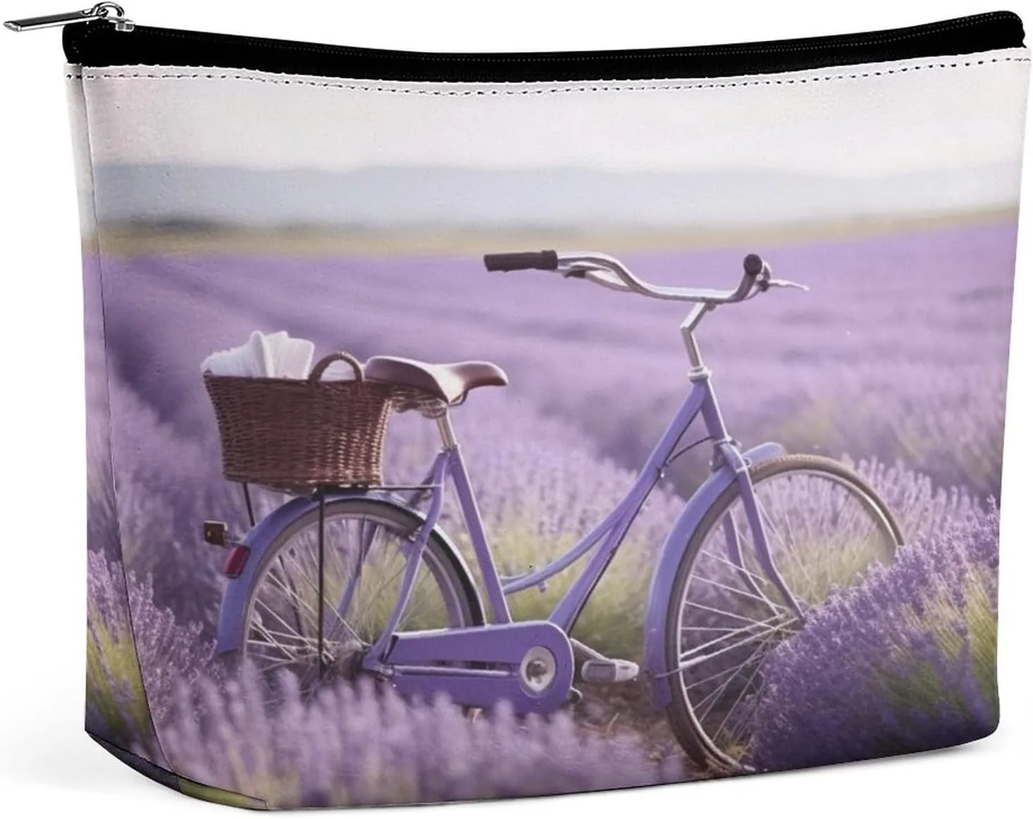 Leather Makeup Bag Waterproof Cosmetic Bag for Women Lavender Field Bike Open Flat Toiletry Bags Portable Pouch With Zipper Make Up Organizer Case for Travel Accessories