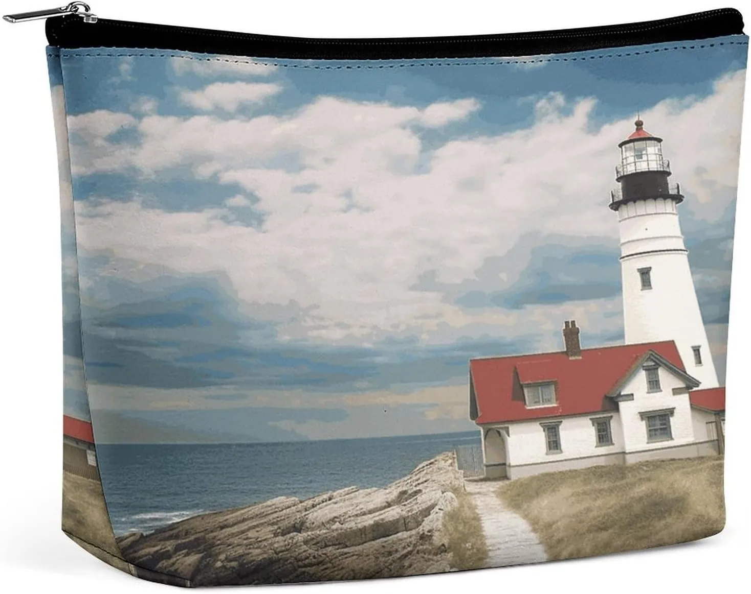 Leather Makeup Bag Waterproof Cosmetic Bag for Women Lighthouse Backdrop Open Flat Toiletry Bags Portable Pouch With Zipper Make Up Organizer Case for Travel Accessories