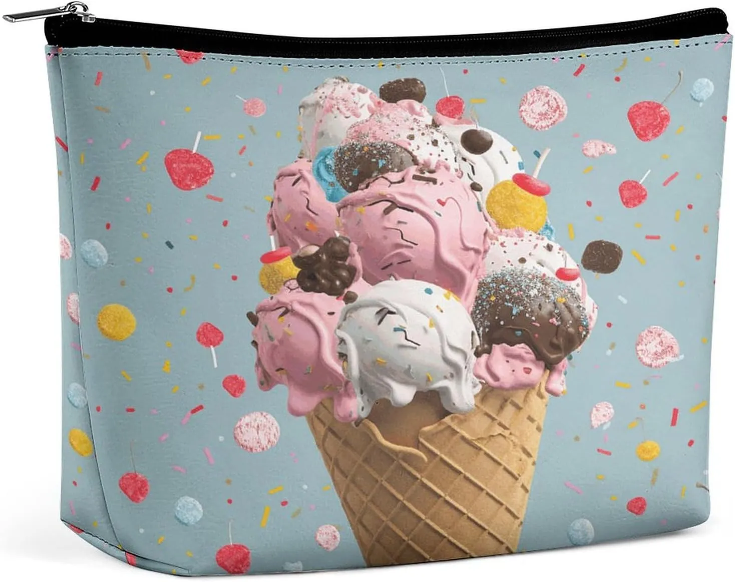 Leather Makeup Bag Waterproof Cosmetic Bag for Women Sweet Ice Cream Open Flat Toiletry Bags Portable Pouch With Zipper Make Up Organizer Case for Travel Accessories