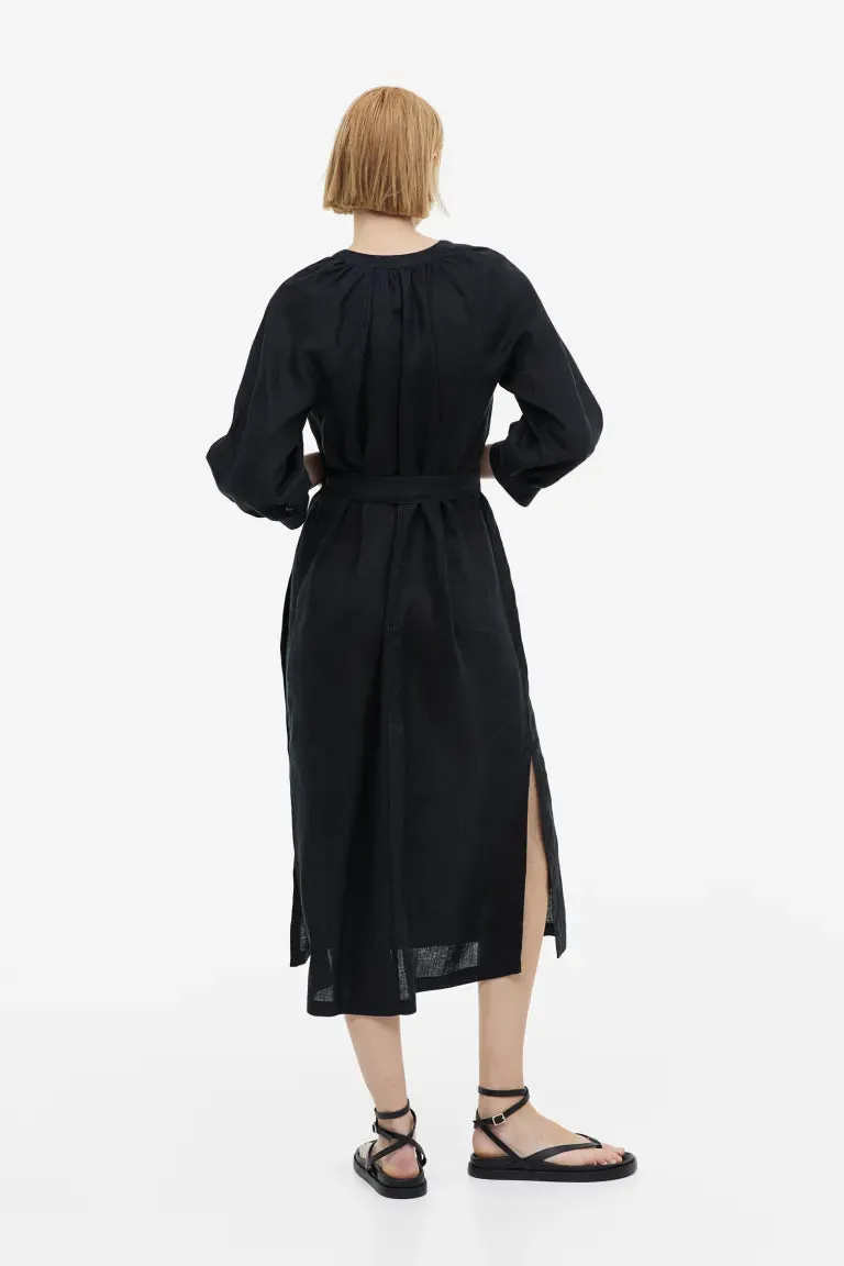 Linen dress with tie belt H&M, black