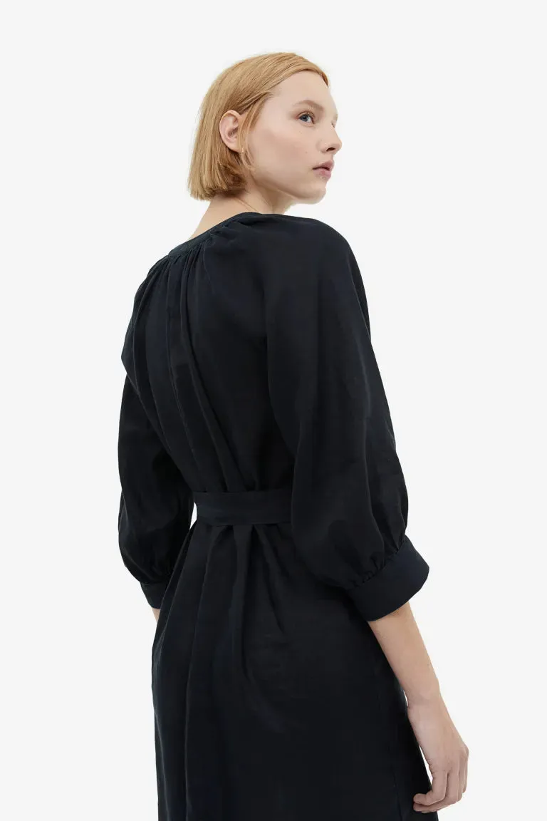 Linen dress with tie belt H&M, black