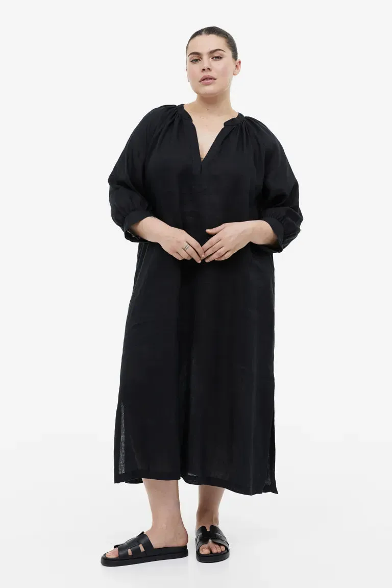 Linen dress with tie belt H&M, black