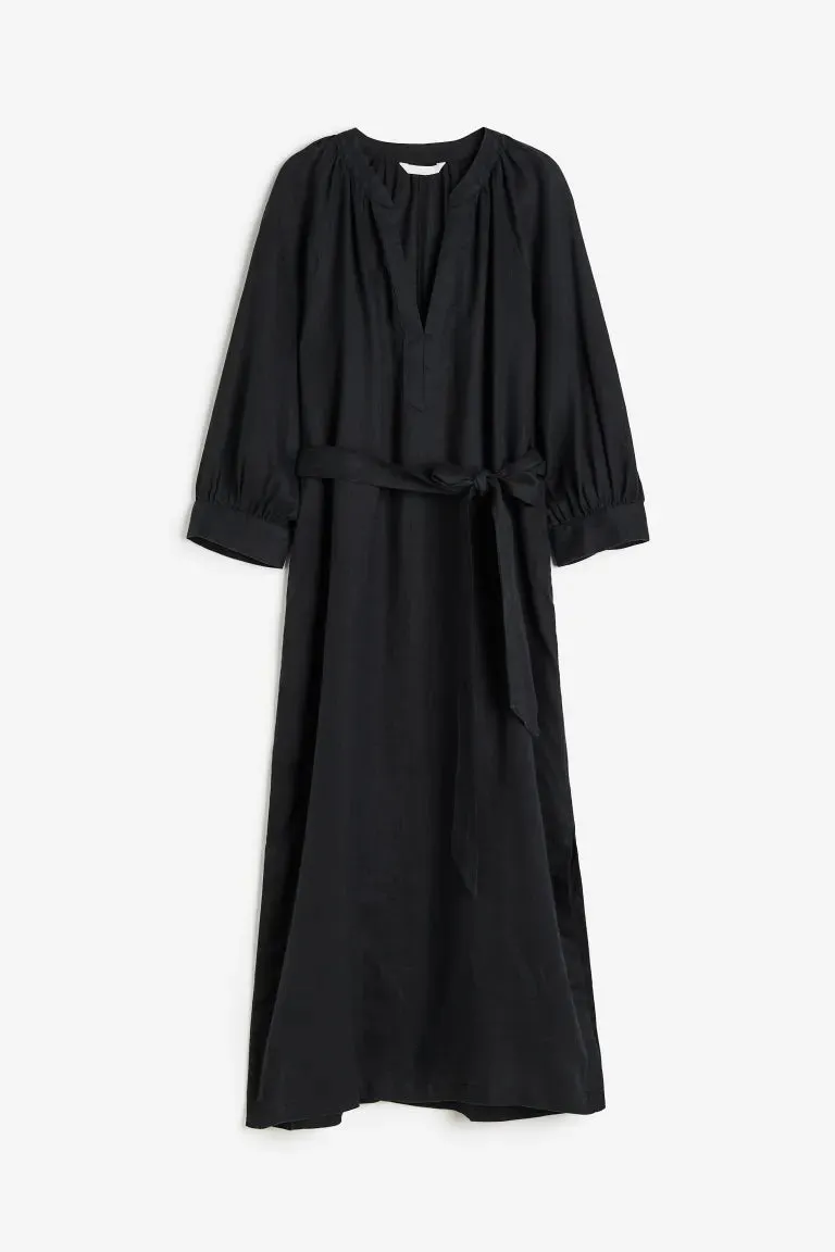 Linen dress with tie belt H&M, black