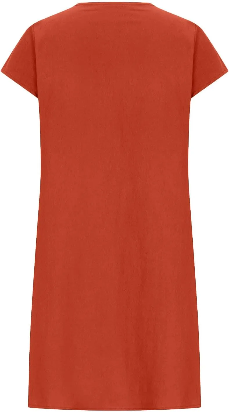 Linen Dress Women Summer Short Sleeve Pleated Casual Cotton Midi T-Shirt Dresses Beach Sundresses Vacation Outfits