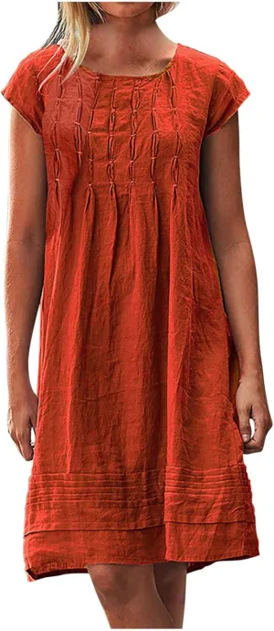 Linen Dress Women Summer Short Sleeve Pleated Casual Cotton Midi T-Shirt Dresses Beach Sundresses Vacation Outfits