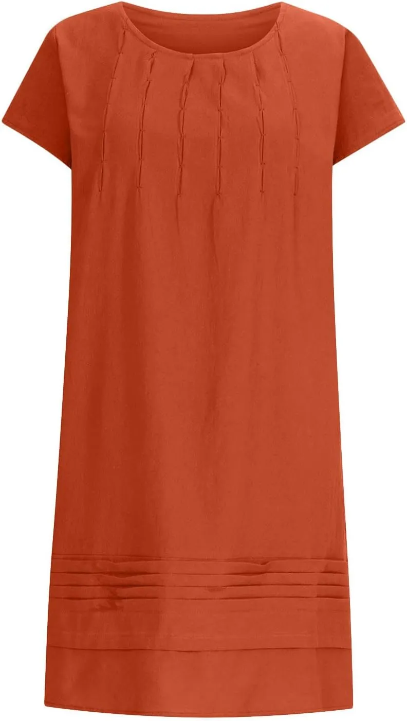 Linen Dress Women Summer Short Sleeve Pleated Casual Cotton Midi T-Shirt Dresses Beach Sundresses Vacation Outfits