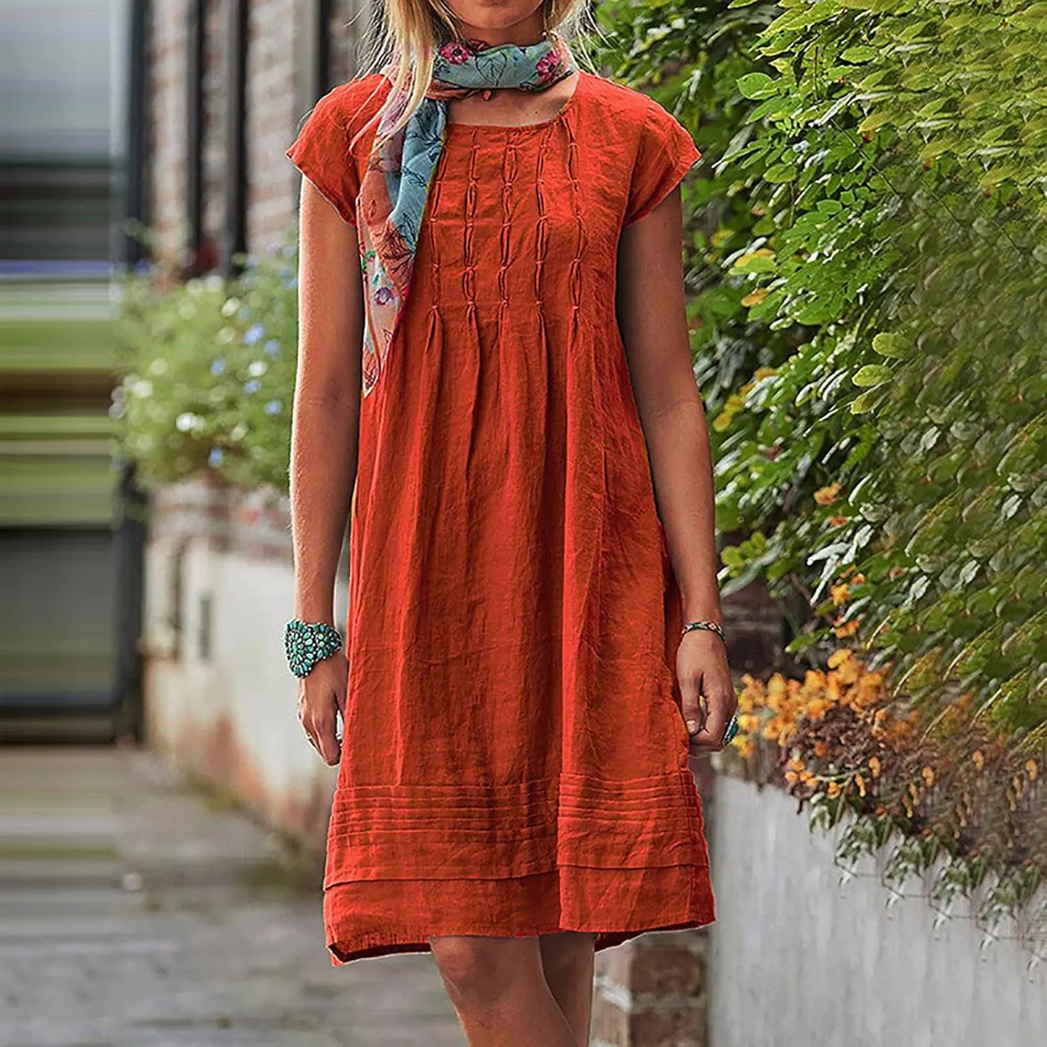 Linen Dress Women Summer Short Sleeve Pleated Casual Cotton Midi T-Shirt Dresses Beach Sundresses Vacation Outfits