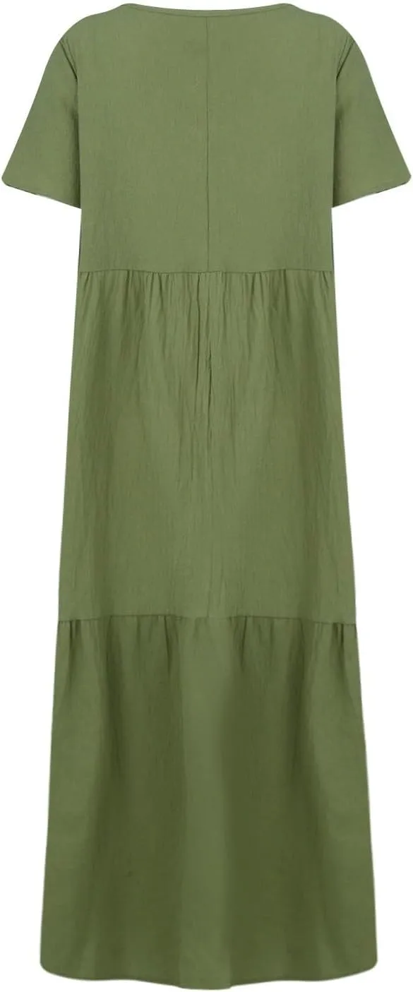Linen Dress Womens Maxi Dresses 2025 Summer Short Sleeve V Neck Plain Smocked Flowy Long Beach Vacation Sundresses