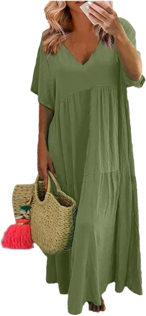 Linen Dress Womens Maxi Dresses 2025 Summer Short Sleeve V Neck Plain Smocked Flowy Long Beach Vacation Sundresses