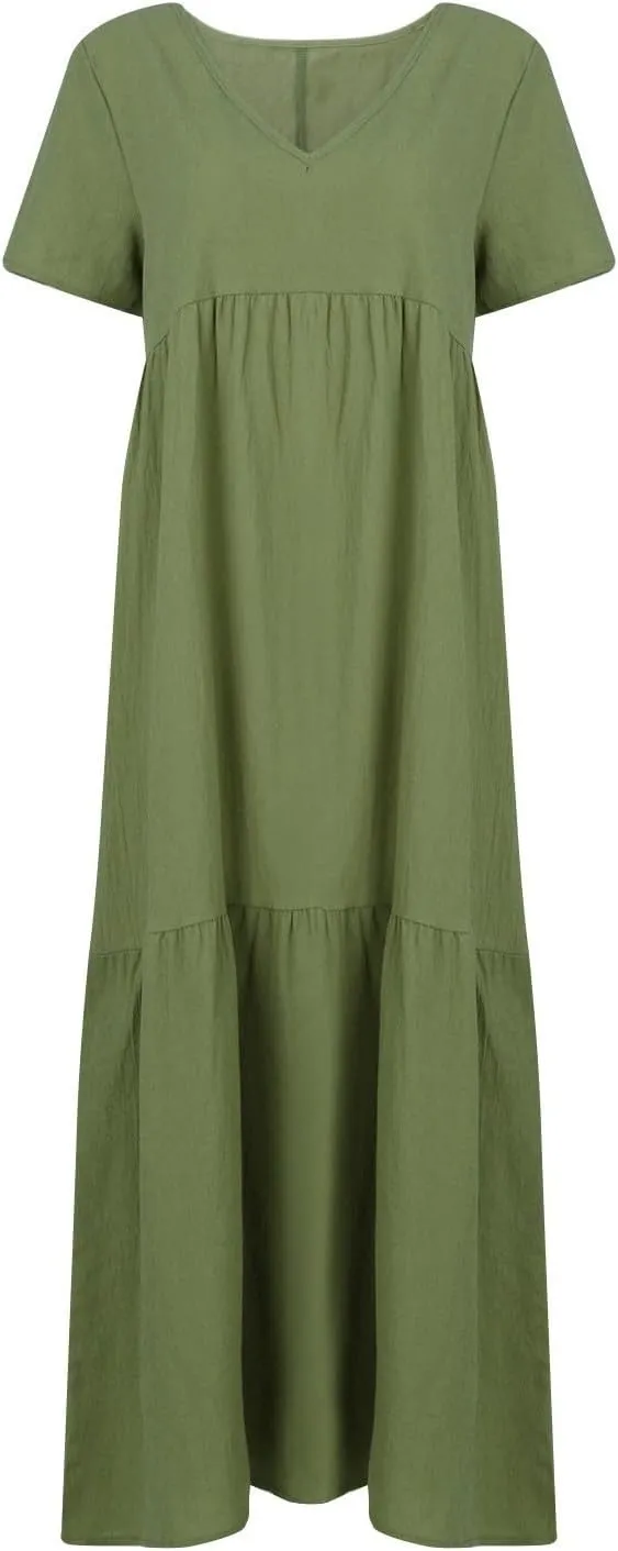 Linen Dress Womens Maxi Dresses 2025 Summer Short Sleeve V Neck Plain Smocked Flowy Long Beach Vacation Sundresses