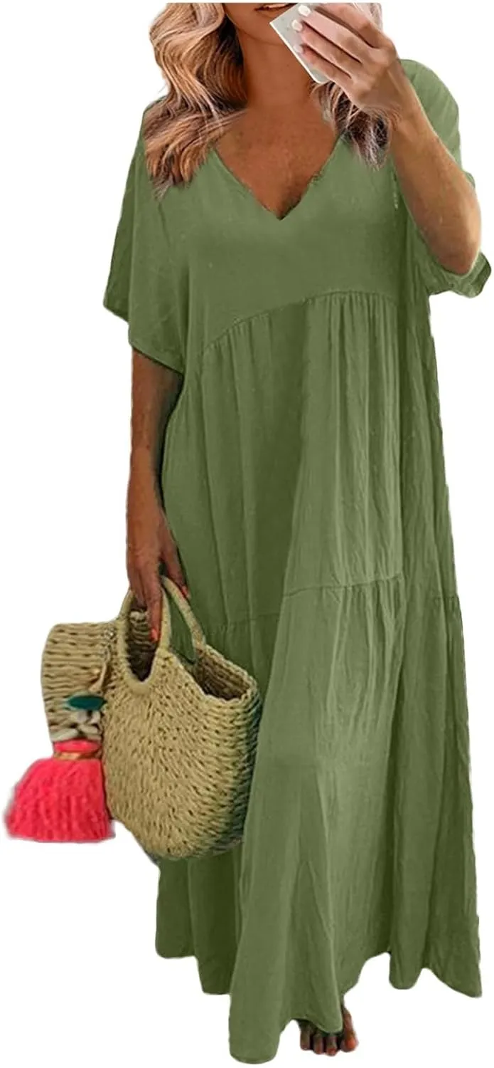 Linen Dress Womens Maxi Dresses 2025 Summer Short Sleeve V Neck Plain Smocked Flowy Long Beach Vacation Sundresses