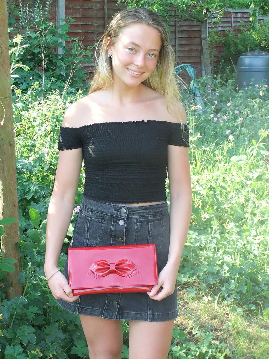 LONI Womens Gorgeous Faux Patent Bow Clutch/Shoulder Bag Wedding Prom Bag Medium Size