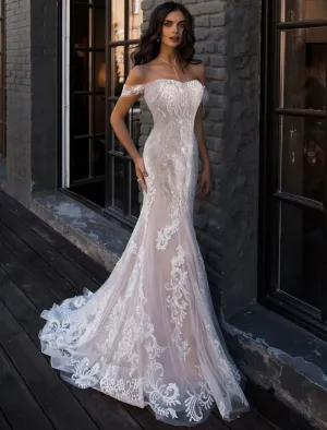 Luolandi Beach Boho Wedding Dresses Mermaid / Trumpet Off Shoulder Cap Sleeve Court Train Lace Bridal Gowns