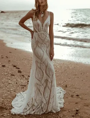Luolandi Beach Vintage Open Back Wedding Dresses Mermaid / Trumpet Camisole V Neck Sleeveless Sweep / Brush Train Chiffon Bridal Gowns With Pleats Elegant