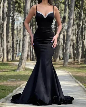 Luolandi Black Mermaid Spaghetti Straps Beaded V-neck Satin Dress Evening Dresses Sexy