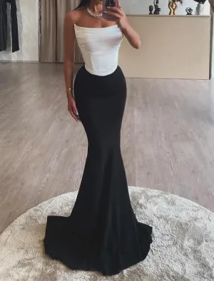 Luolandi Black Mermaid / Trumpet Evening Dresses Corsets Formal Floor Length Sleeveless Strapless Stretch Crepe Backless with Ruched Off Shoulder