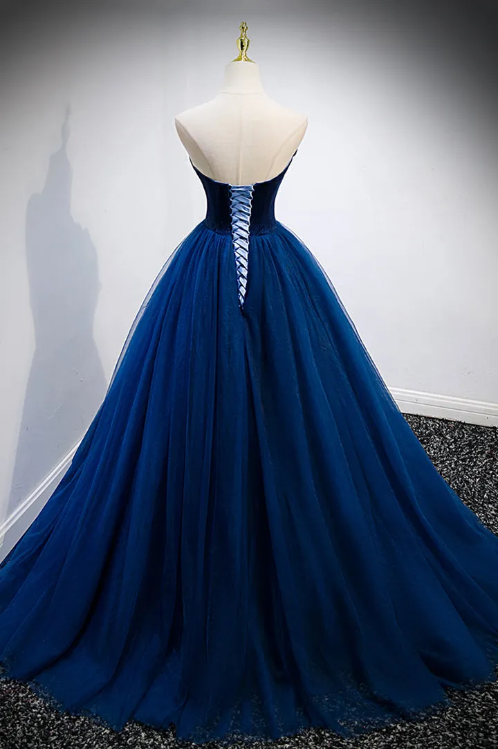 Luolandi Blue Velvet Tulle Long Prom Dresses A-Line Strapless Evening Dresses Off Shoulder