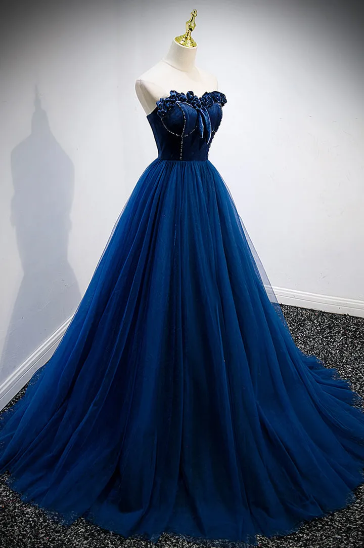Luolandi Blue Velvet Tulle Long Prom Dresses A-Line Strapless Evening Dresses Off Shoulder