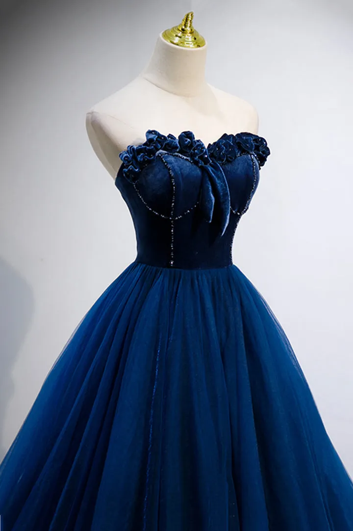 Luolandi Blue Velvet Tulle Long Prom Dresses A-Line Strapless Evening Dresses Off Shoulder