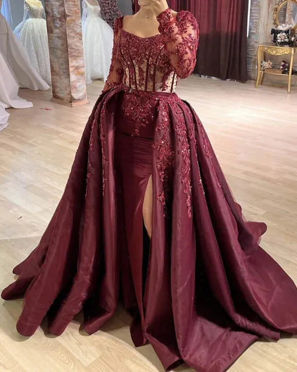 Luolandi Burgundy Mermaid Sheer Lace Sleeve Satin Split Dress Ballgown Prom Dresses Evening Dress