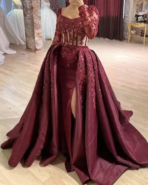 Luolandi Burgundy Mermaid Sheer Lace Sleeve Satin Split Dress Ballgown Prom Dresses Evening Dress