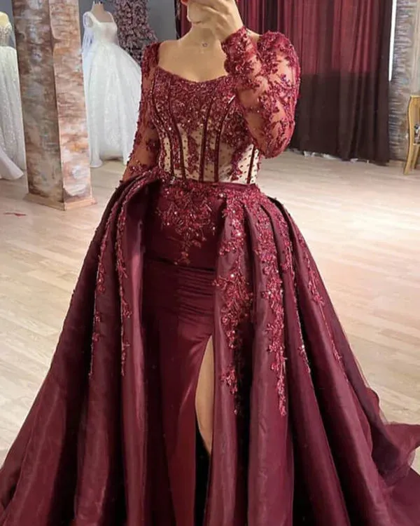 Luolandi Burgundy Mermaid Sheer Lace Sleeve Satin Split Dress Ballgown Prom Dresses Evening Dress