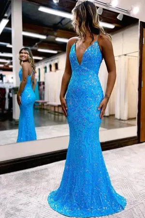 Luolandi Charming Mermaid V Neck Blue Sequins Long Prom Dresses Sparkly Evening Dress