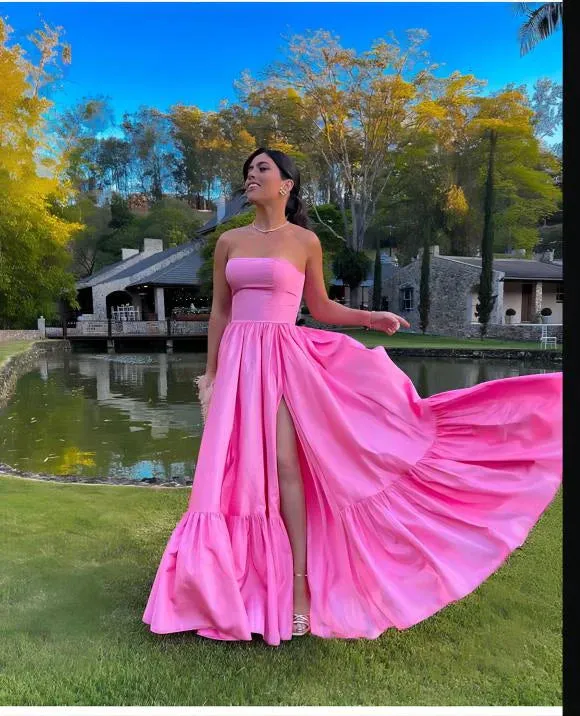 Luolandi Classic Strapless Pink A-Line Off Shoulder Prom Dresses Formal Party Gown With Slit