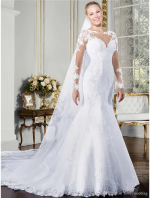 Luolandi Engagement Formal Wedding Dresses Mermaid / Trumpet Illusion Neck Long Sleeve Court Train Lace Bridal Gowns