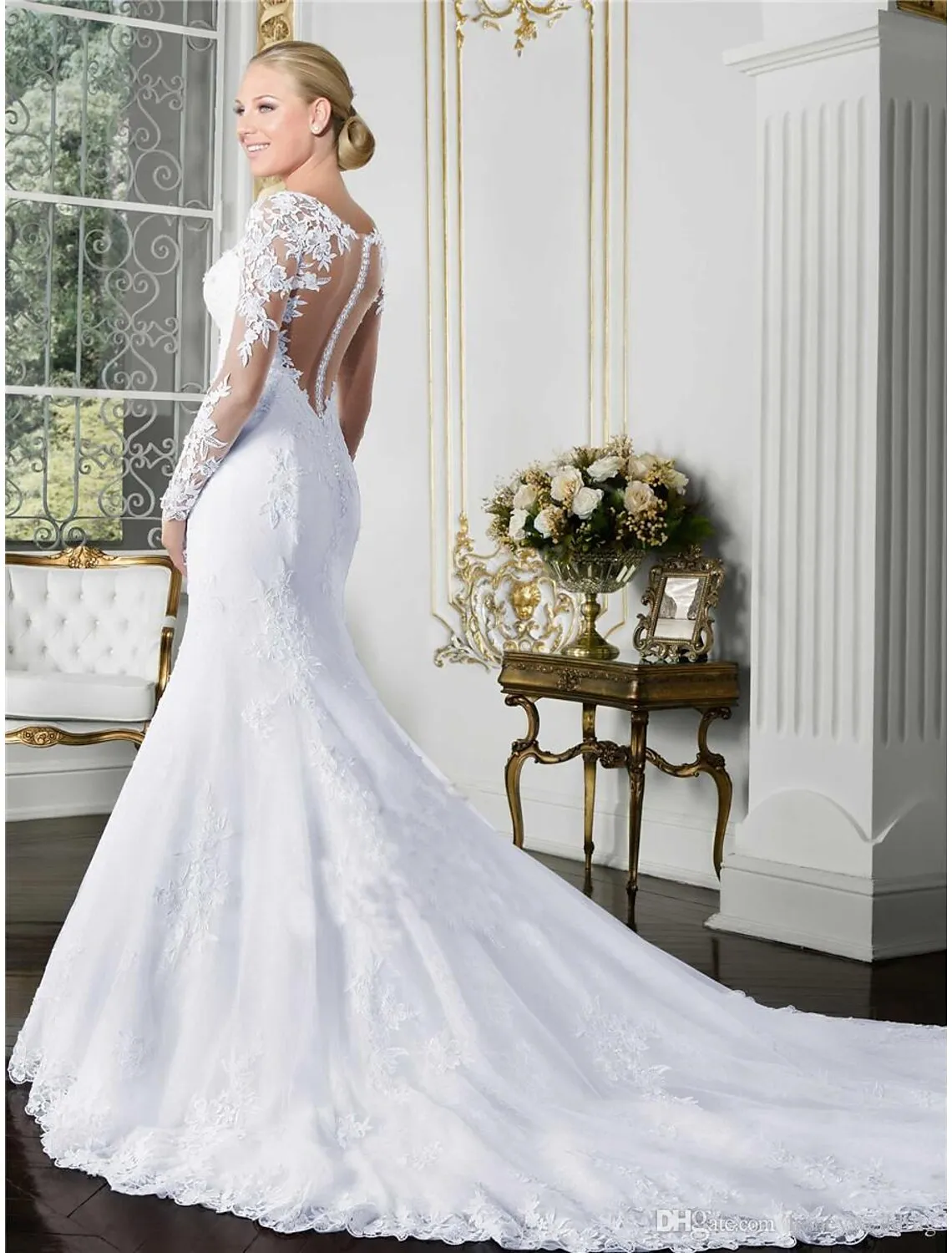 Luolandi Engagement Formal Wedding Dresses Mermaid / Trumpet Illusion Neck Long Sleeve Court Train Lace Bridal Gowns