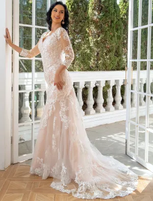 Luolandi Engagement Formal Wedding Dresses Mermaid / Trumpet Sweetheart Long Sleeve Sweep / Brush Train Lace Bridal Gowns