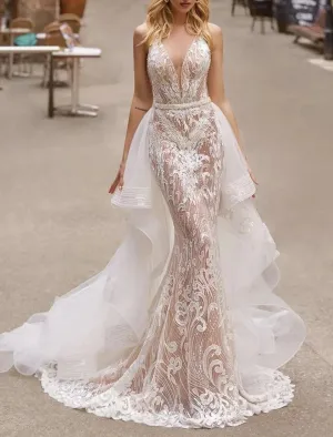 Luolandi Engagement Formal Wedding Dresses Mermaid / Trumpet V Neck Sleeveless Court Train Satin Bridal Gowns With Appliques