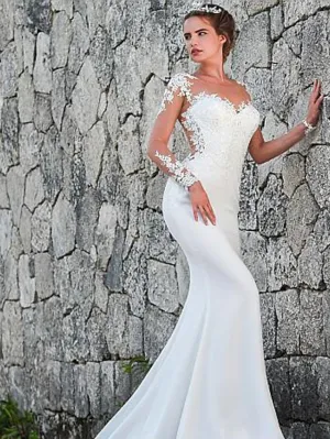 Luolandi Engagement Open Back Formal Wedding Dresses Court Train Mermaid / Trumpet Long Sleeve Illusion Neck Crepe