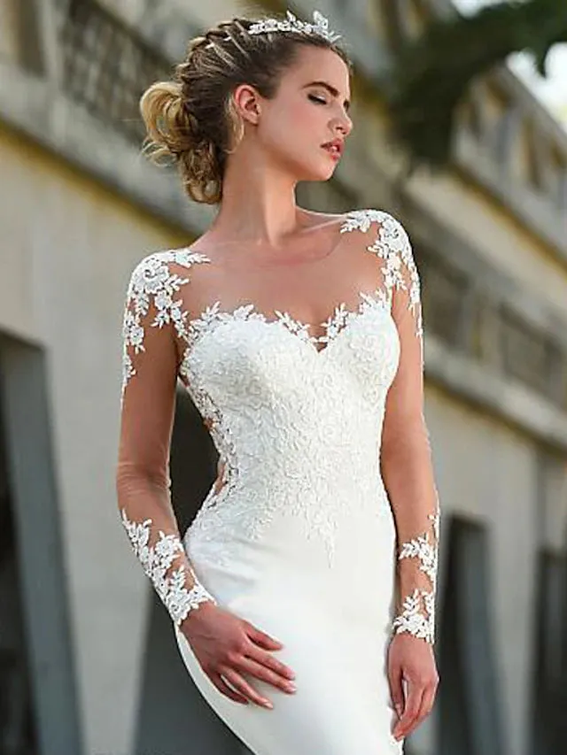 Luolandi Engagement Open Back Formal Wedding Dresses Court Train Mermaid / Trumpet Long Sleeve Illusion Neck Crepe