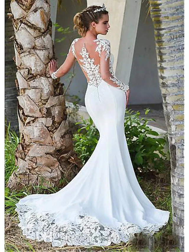 Luolandi Engagement Open Back Formal Wedding Dresses Court Train Mermaid / Trumpet Long Sleeve Illusion Neck Crepe