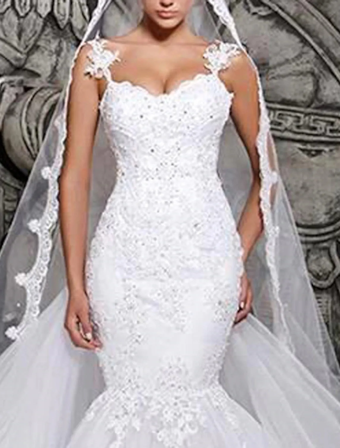Luolandi Engagement Open Back Formal Wedding Dresses Mermaid / Trumpet Sweetheart Cap Sleeve Court Train Lace Bridal Gowns