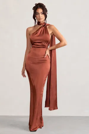 Mademoiselle | Rust Backless Satin Asymmetric Scarf Neck Maxi Dress