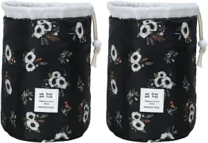 Magik 1-2 Pcs Large Barrel Travel Cosmetic Bag Nylon Organizer Drawstring Toiletry (Black Flower, 2 Pack)