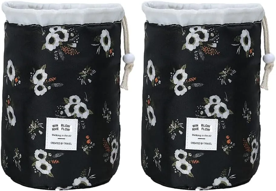 Magik 1-2 Pcs Large Barrel Travel Cosmetic Bag Nylon Organizer Drawstring Toiletry (Black Flower, 2 Pack)