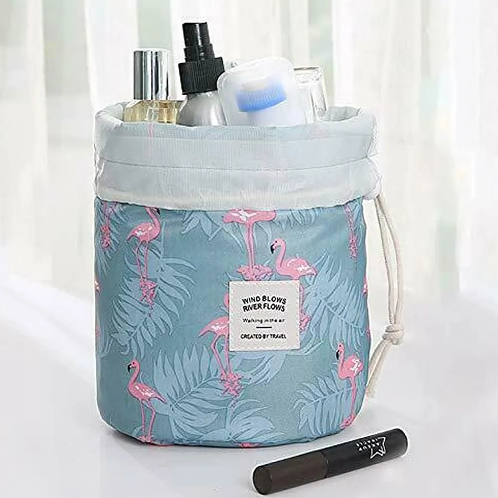 Magik 1-2 Pcs Large Barrel Travel Cosmetic Bag Nylon Organizer Drawstring Toiletry (Blue Flamingo, 2 Pack)